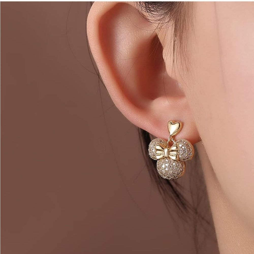 14k plated Minnie Mouse Bow Diamond Earrings - Picture 2 of 5